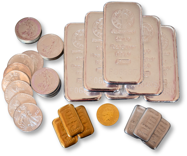 Silver bars, gold bars and coins