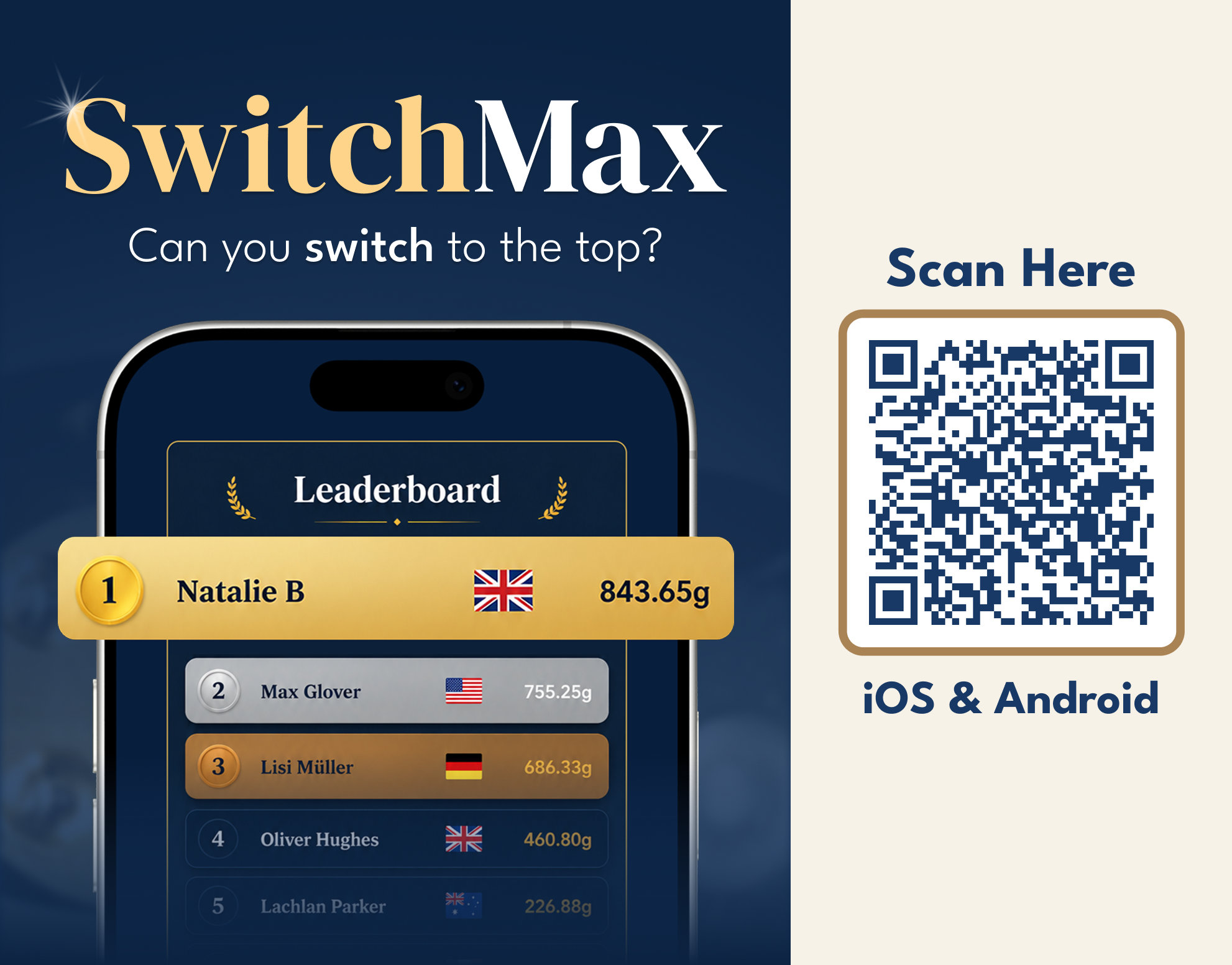 SwitchMax: can you switch to the top? The game’s leaderboard on a phone. Scan here to download it: iOS & Android
